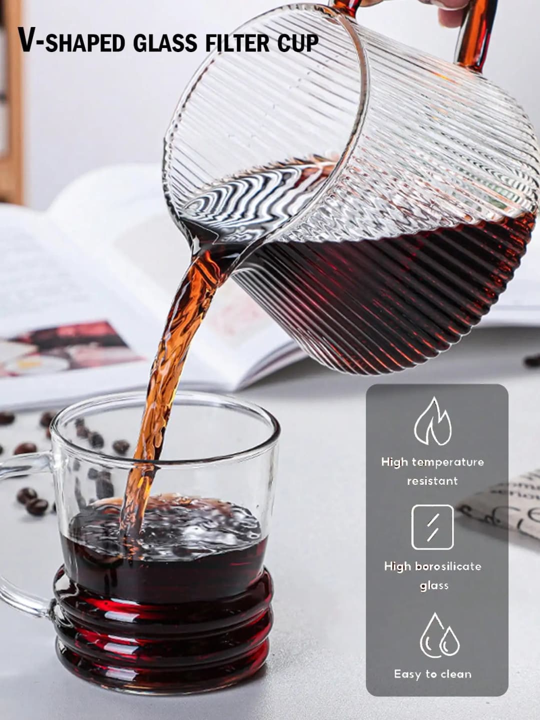 خادم قهوة زجاجي من Leeseph للصب فوق القهوة والشاي جسم زجاجي مخطط عمودياً آمن للميكروويف ومقاوم للحرارة (400 مل و 600 مل) - 4