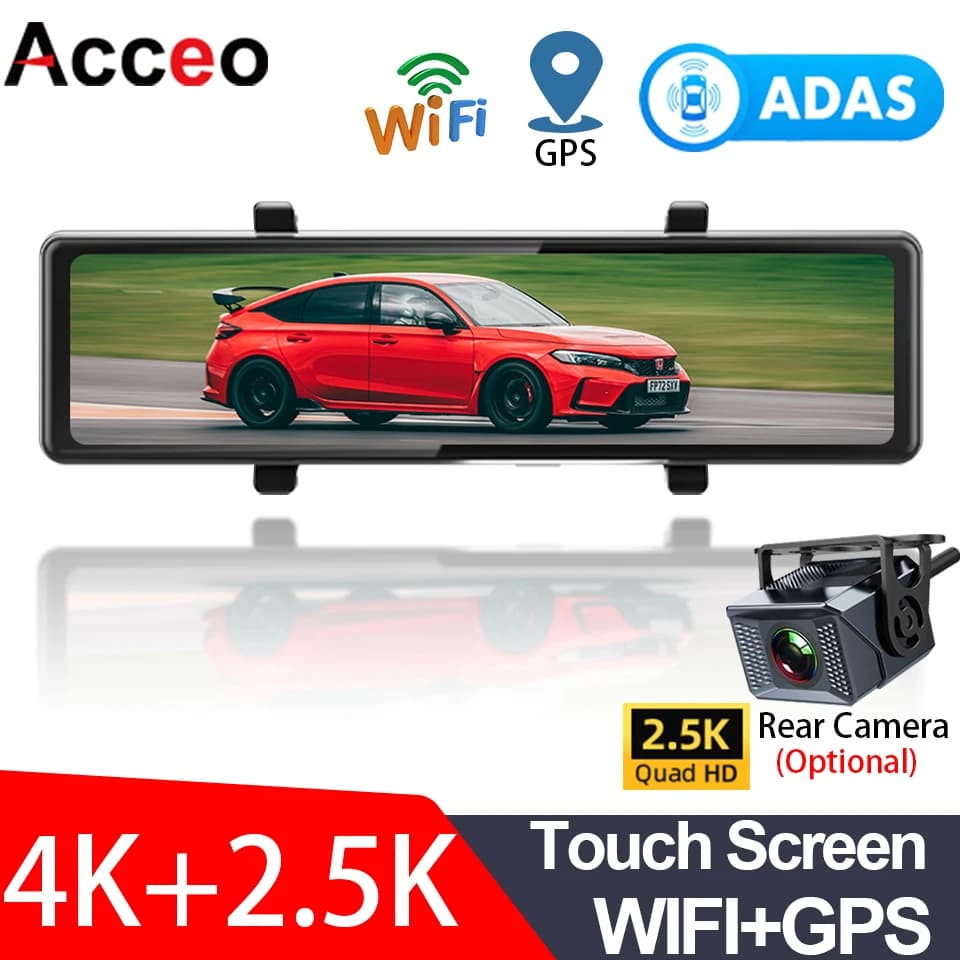 كاميرا لوحة قيادة ADAS بدقة 4K مع رؤية ليلية عالية الدقة وواي فاي مدمج ومسجل فيديو للسيارة بمرآة رؤية خلفية وكاميرا بعدستين
