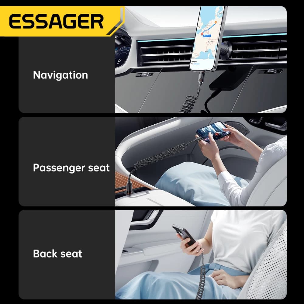 Essager Car Spring Type C Cable  For iPhone 17 16 15 Pro Xiaomi Samsung 100W PD Fast Charging For Macbook iPad Type C to C Cable - 3