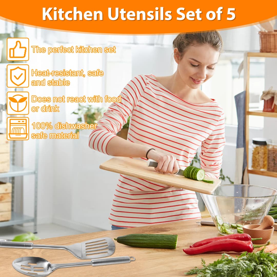 5Pcs Cooking Utensil Set, 11 PCS Stainless Steel Kitchen Utensil Set, Nonstick Kitchen Spoons Spatula Cookware Set - 6