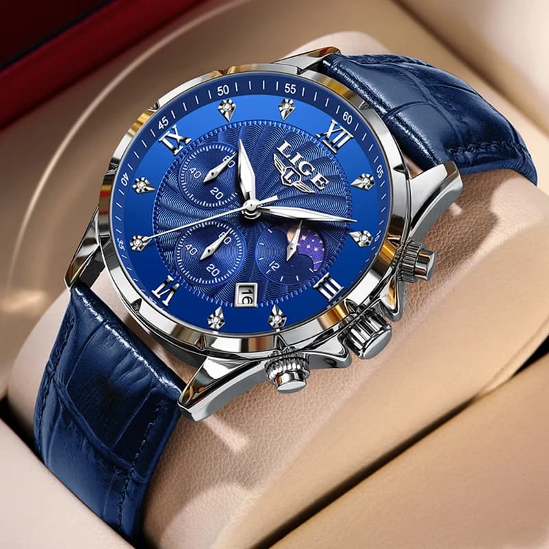 LIGE Blue Leather Watch Men Fashion Business Military Watches For Men Waterproof Sport Men's Quartz Wristwatch Relojes Hombre - 4