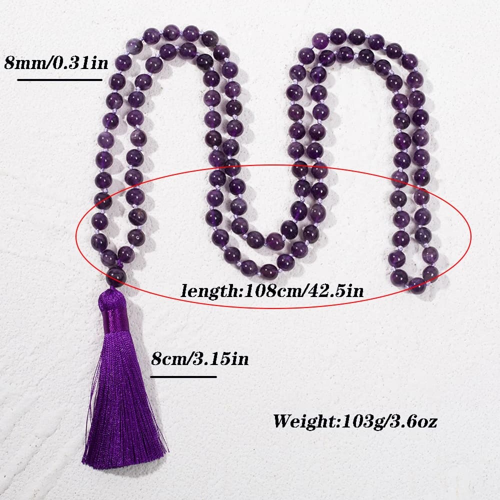 عقد مسبحة من حبات الأميثيست الطبيعية 8 مم معقودة 108 حبة جابا مالا مجوهرات يوجا وتأمل وصلاة للرجال والنساء - 3