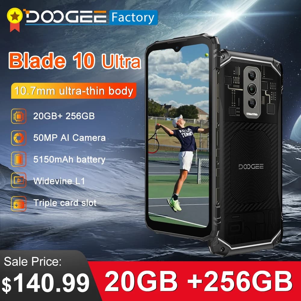 هاتف DOOGEE Blade 10 Ultra ذاكرة 20GB (8+12) 256GB كاميرا 50MP سمك 10.7mm شاشة 6.56 بوصة هاتف متين NFC أندرويد 14
