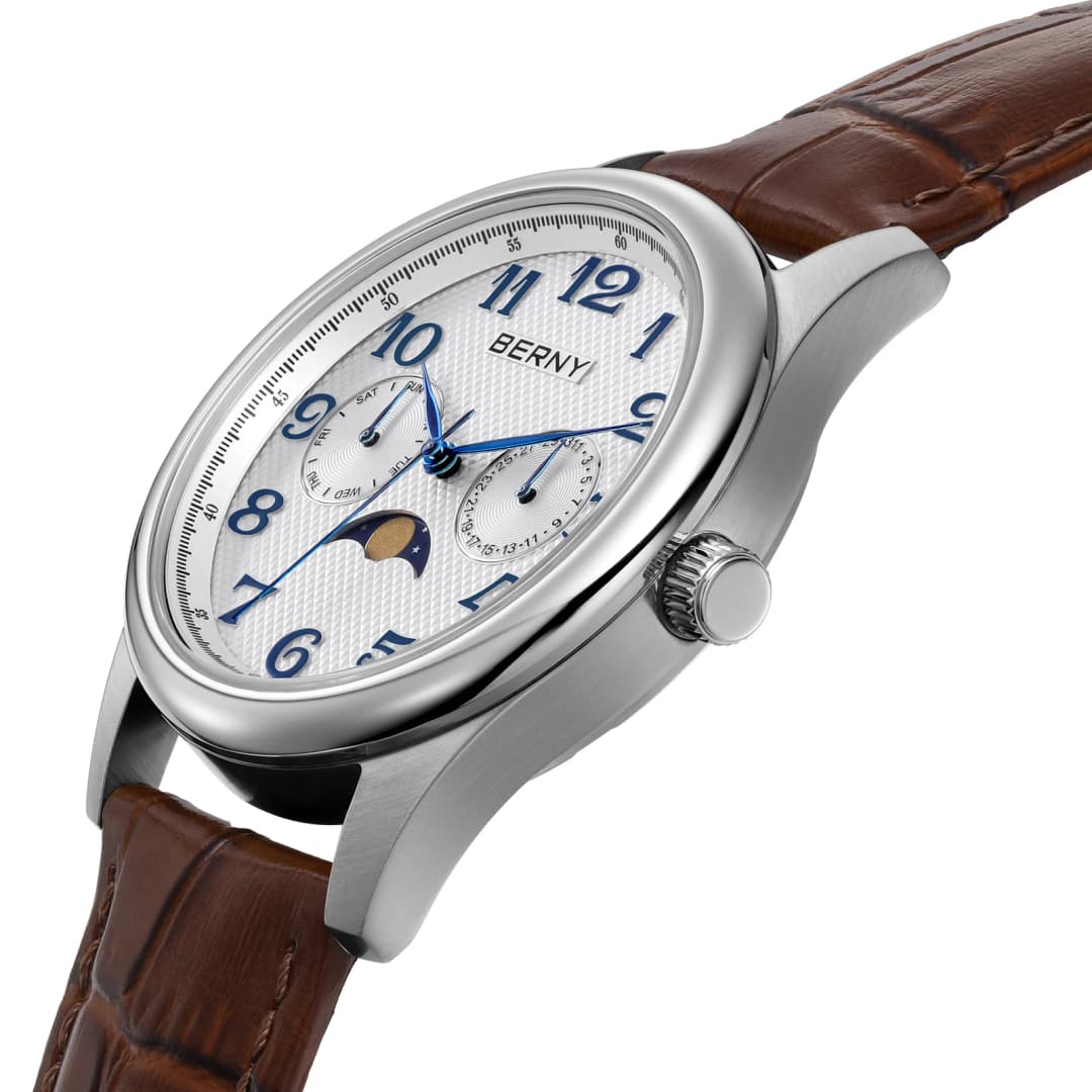BERNY Watches for Men Moon Phase Quartz Men's Watch Day and Date Calendar Easy Read Vintage-Style Business Dress Wristwatch - 2