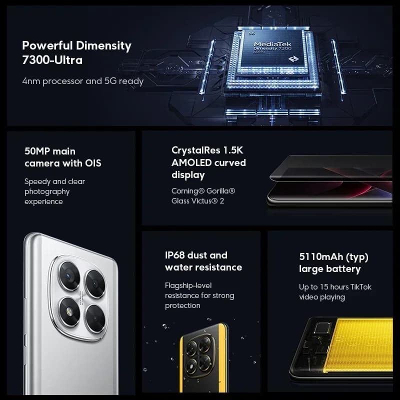 POCO X7 5G Global Version Smartphone 256GB 512GB Dimensity 7300-Ultra 6.67" 1.5K AMOLED Curved Display 5110mAh NFC - 2