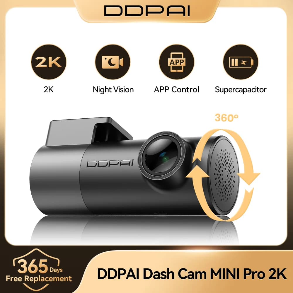 كاميرا DDPAI MINI Pro داش كام بدقة 2K 1440P، واي فاي دفر، زاوية رؤية 121°، رؤية ليلية، تحكم صوتي ذكي، دعم مراقبة وقوف السيارات 24 ساعة