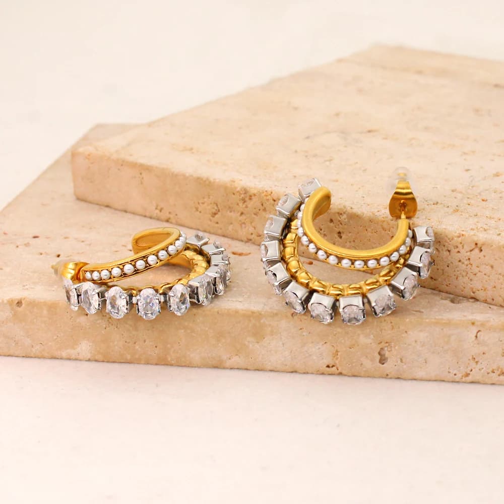 Shiny Bling White Zirconia Stainless Steel Ear Stud Luxury Irregular C Shape Hoop Earrings Golden Ear Jewelry Anti Allergic