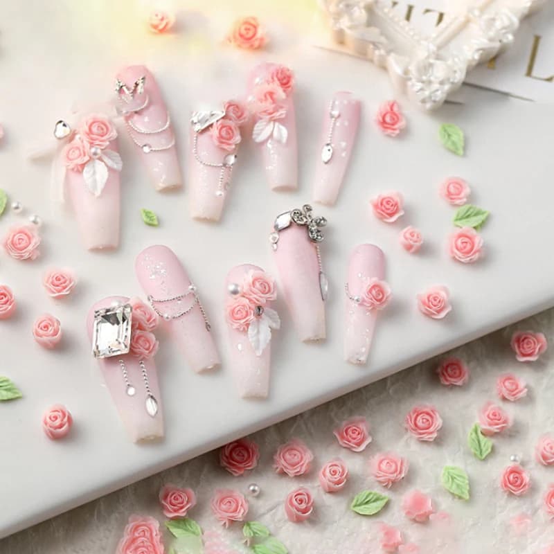 50Pcs 3D Size 6/7/8mm Pearl Resin Flower Rose Nail Charms Accessories Pink Rose Red Nail Art Luxury Decoratons Supplies DIY