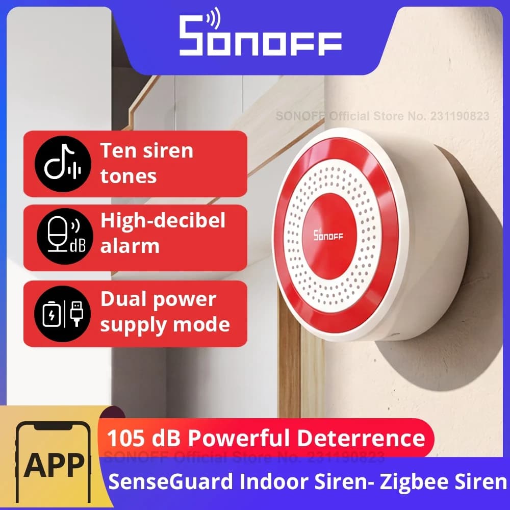SONOFF SNZB-09P Zigbee SenseGuard Indoor Siren 105dB Loud Alarm Sound & Red Light Alerts USB & Backup Battery Dual Power Supply