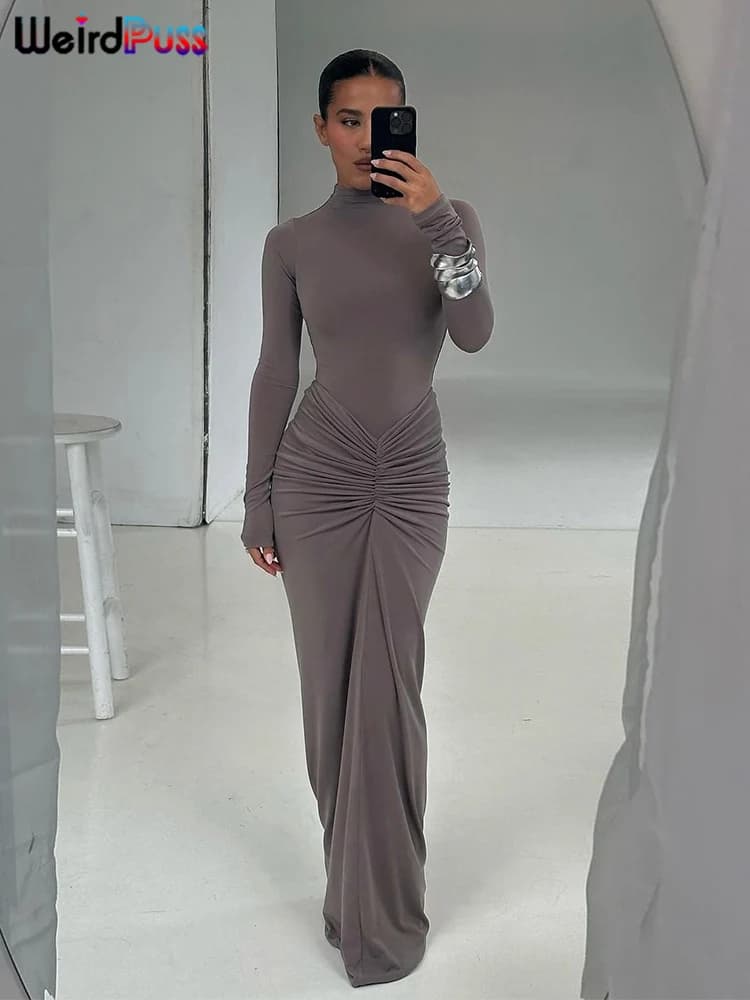 Weird Puss Hipster Ruched Dress Women o-NeckFull Sleeve  Skinny Stretch Robe Autumn Trend Simple Classic Pleats Long Bodycon - 4
