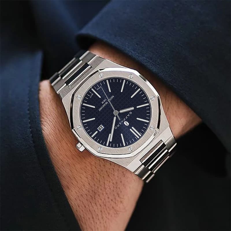 سافيرو ساعة رجالية، حزام من الفولاذ المقاوم للصدأ، تصميم مقاوم للماء، تقويم تلقائي، هدايا احتفالية، ساعة في علبة هدايا فاخرة - 2