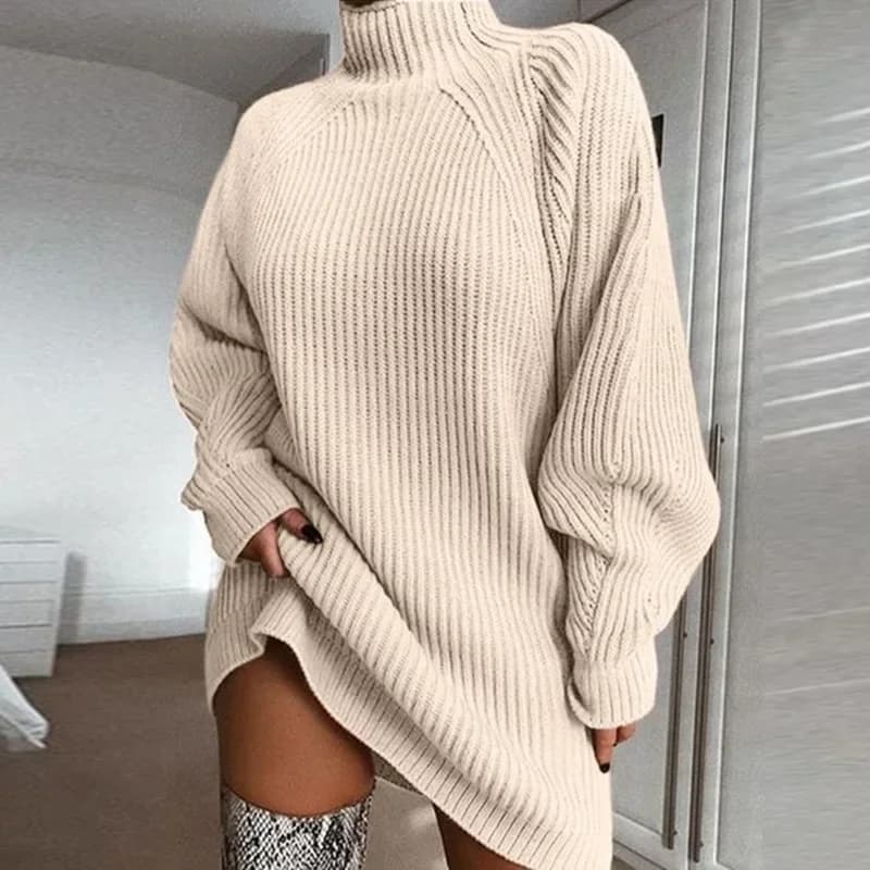 Women's Solid Color Loose Knitted Dress 2023 Autumn Winter New Dress Sweater Women Long Sleeve Turtleneck Pullover Dress Sweater - 2