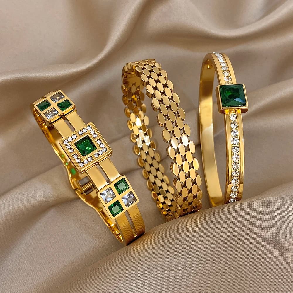 Greatera Light Luxury Style Green Square Zirconium Series Cuff Bracelet Unique Stainless Steel Artistic Exaggerate Women Bangle - 3