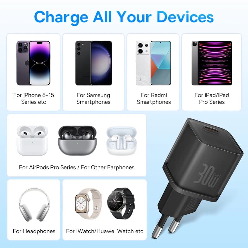 شاحن Baseus 30W GaN شاحن هاتف لجهاز iPhone 16 15 14 13 12 Pro Max شاحن USB C يدعم PD QC PPS شحن سريع للكمبيوتر المحمول - 6