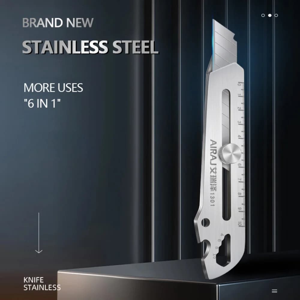 Multifunctional Utility Knife 6 in 1 Stainless Steel Stationery All Purpose Cutter Bottle Tin Opener Waterproof Screw Ruler Tool - 2