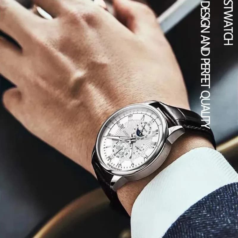 Luxury Brand Watch for Men Trendy High End Light Versatile Quartz Watch Leather Strap Fake Three Eye Fashion Business Wristwatch - 5