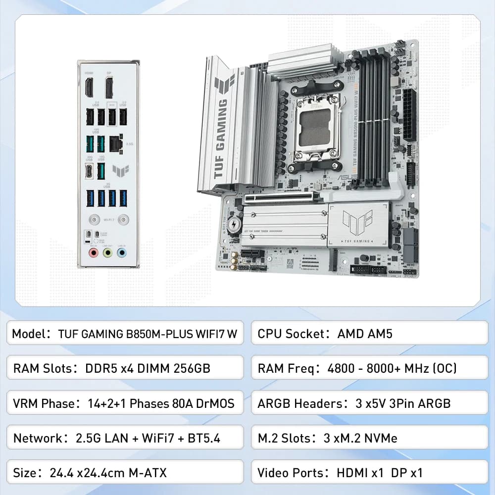 Asus TUF GAMING B850M-PLUS WIFI7 W 256GB Compatible with 9000/8000/7000 series Support PCIe 5.0 Adopting the AM5 architecture - 2