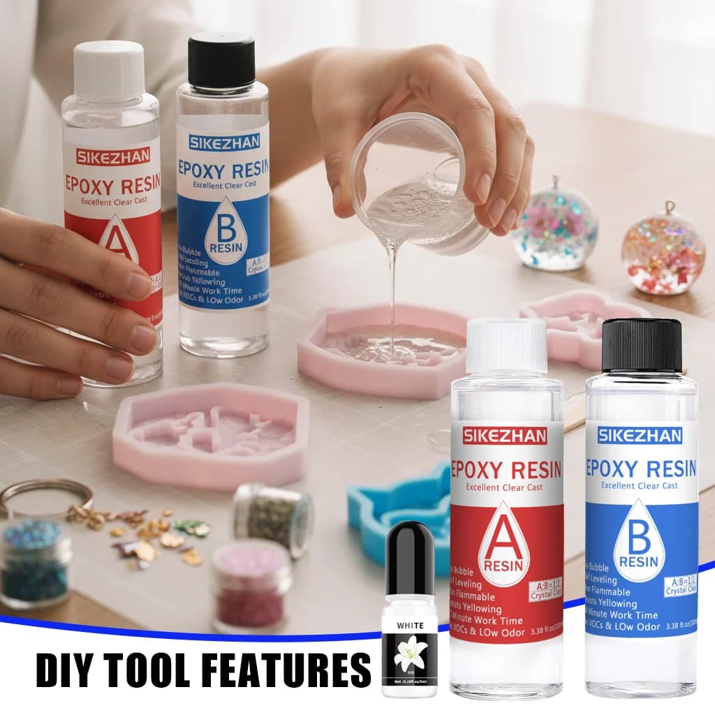 طقم راتنج الإيبوكسي والمصلب + صبغة بيضاء، خليط بنسبة 1:1، شفاف للصب في أعمال الحرف اليدوية/المجوهرات، يقلل الفقاعات، تسوية ذاتية سلسة