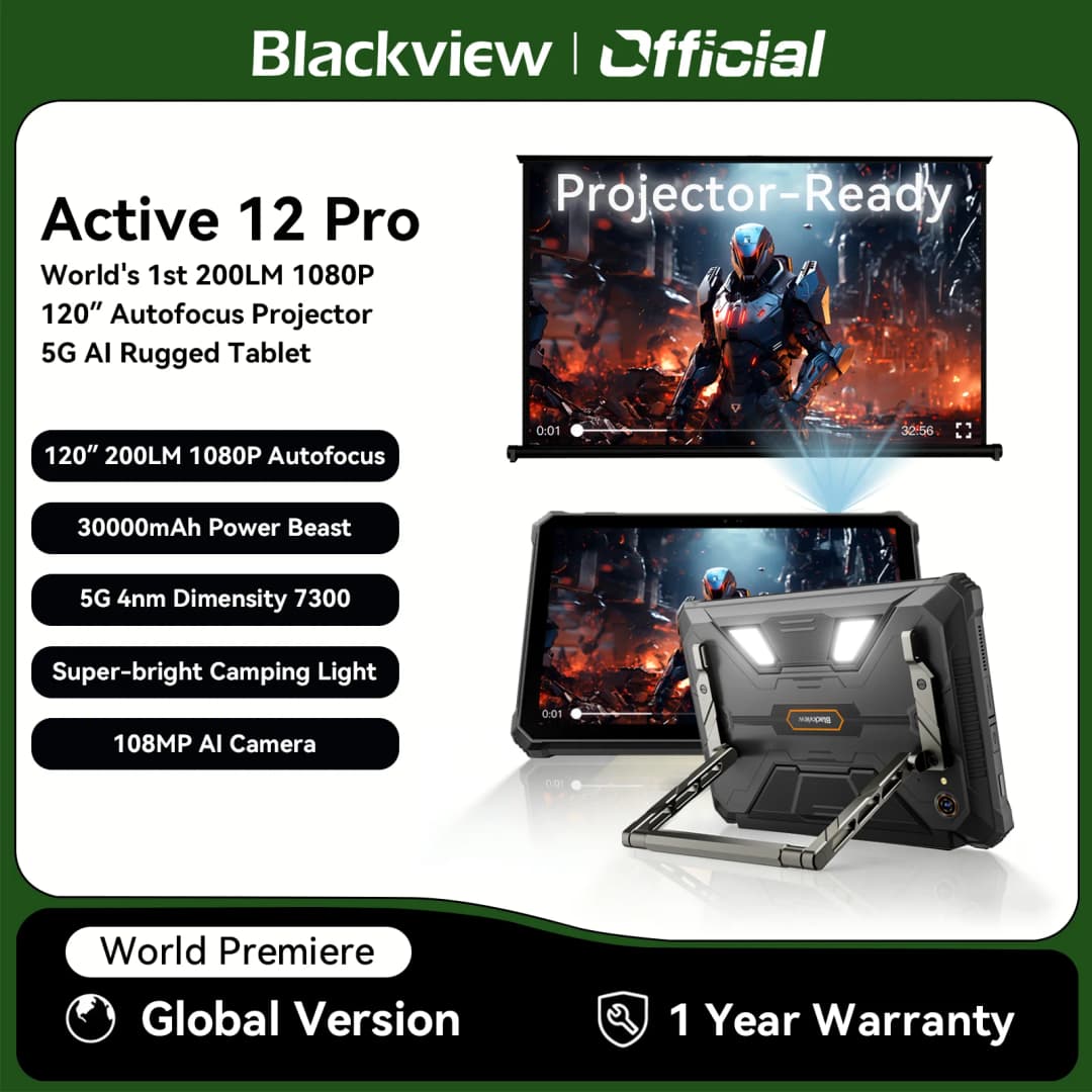 العرض العالمي الأول لجهاز Blackview Active 12 Pro اللوحي المتين مع بروجيكتور 11 بوصة، أندرويد 15، 16 جيجابايت، 1 تيرابايت، 30000 مللي أمبير، معالج Dimensity 7300