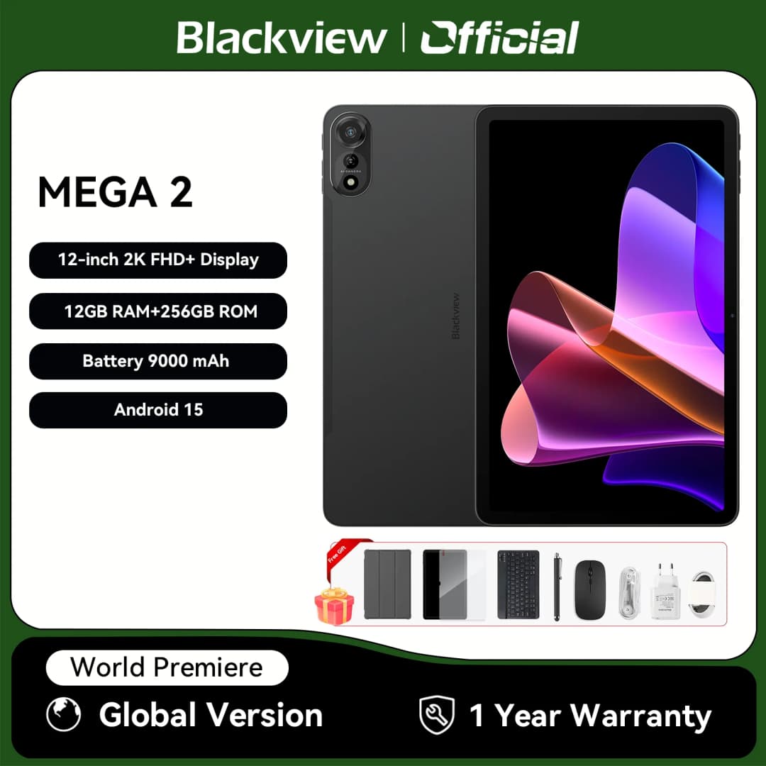 مجموعة جهاز لوحي Blackview MEGA 2 مع لوحة مفاتيح وفأرة وقلم، شاشة 12 بوصة بدقة 2K ذاكرة وصول عشوائي 12GB+24GB ذاكرة قراءة فقط 256GB نظام أندرويد 15 بطارية 9000mAh