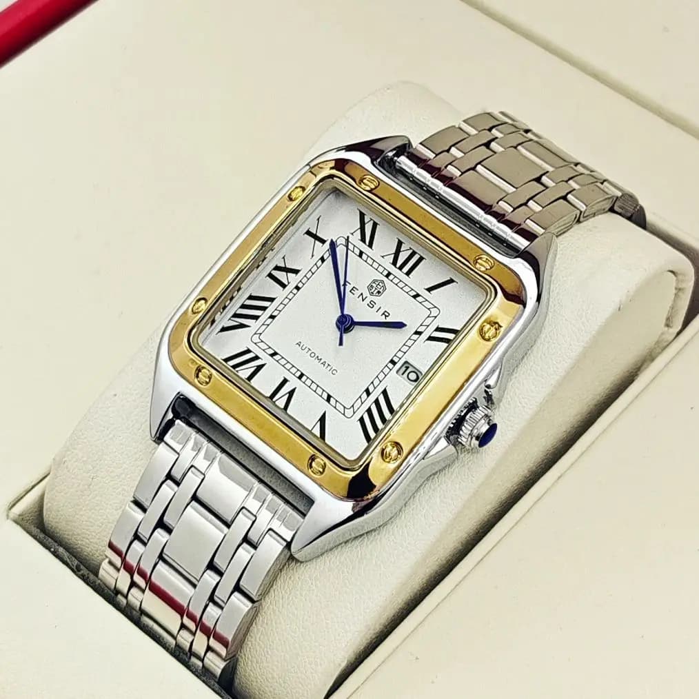 ساعة Santos Tank فاخرة للرجال، عرض التقويم، سوار من الفولاذ المقاوم للصدأ، ساعة رجالية مربعة صغيرة فاخرة، ساعة يد عصرية عملية متعددة الاستخدامات، أفضل هدية له - 4