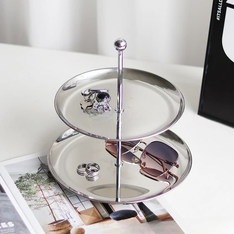 صينية تنظيم من الفولاذ المقاوم للصدأ للمجوهرات والمفاتيح والكعك، طبق عرض متعدد الطبقات، رف منزلي مع قاعدة غير قابلة للانزلاق - 3