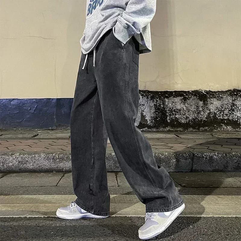 2026 New Streetwear Loose Jeans Men Korean Style Fashion Loose Straight Wide Leg Pants Men's Brand Clothing Black Light Blue - 3
