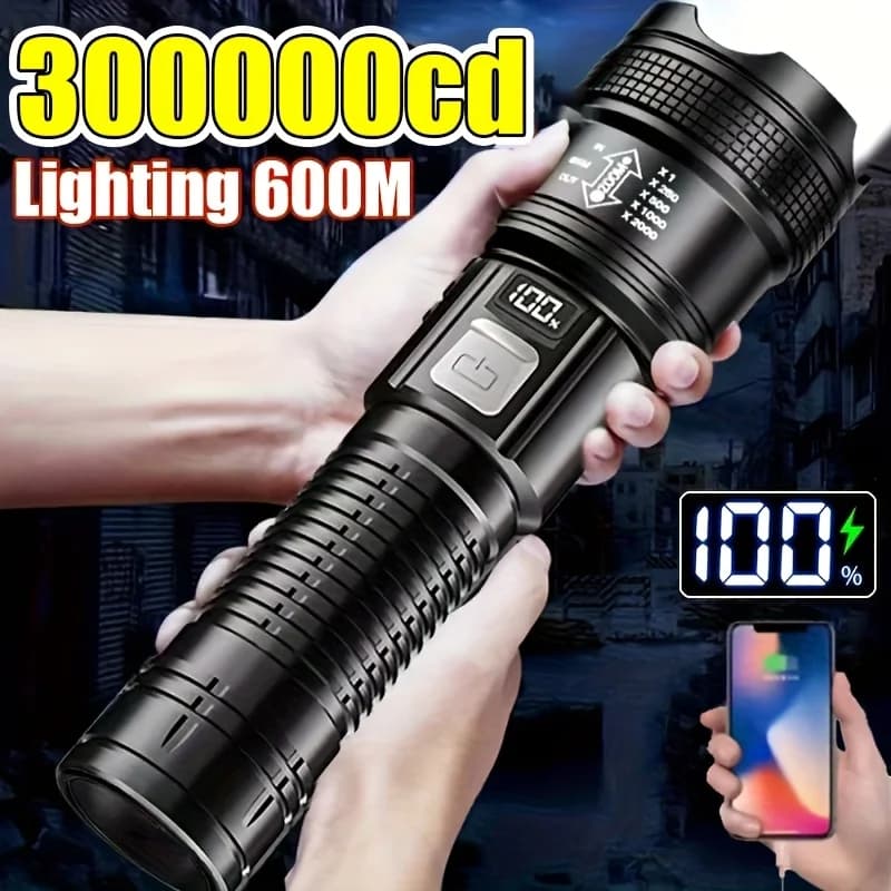 كشاف LED فائق السطوع بشاشة بطارية ضوء قابل لإعادة الشحن كشاف تلسكوبي مصباح كشاف تخييم وصيد خارجي