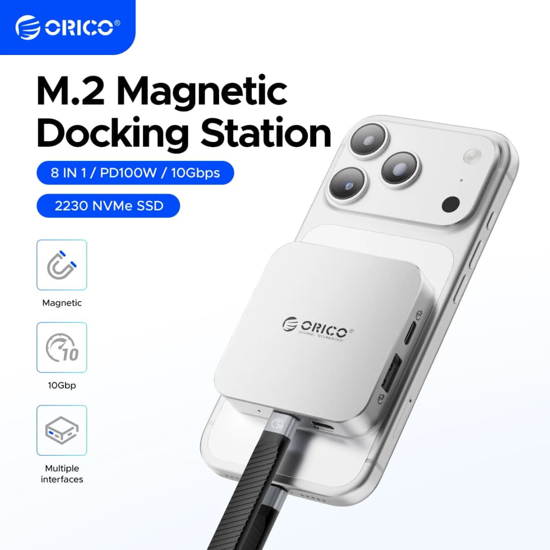 ORICO 10Gbps USB C M.2 2230 NVMe SSD Enclosure 4K60Hz HD SD/TF Card Reader PD 100W Charger Magnetic Docking Station for iPhone