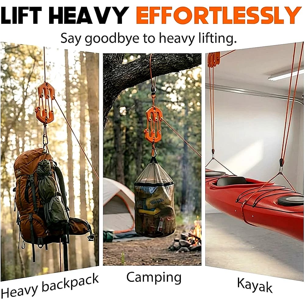 4:1 Mechanical Advantage Pulley Hoist System Heavy Duty Block and Tackle Bear Bag Game Hanger Rope Gear for Outdoor Hunting - 6