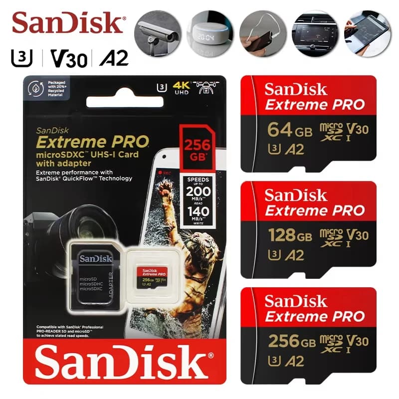 بطاقة ذاكرة SanDisk Extreme PRO Micro SD، 128GB/64GB/32GB/512GB/256G/400G/1TB، UHS-I، U3، 4K، V30، بطاقات Microsd TF
