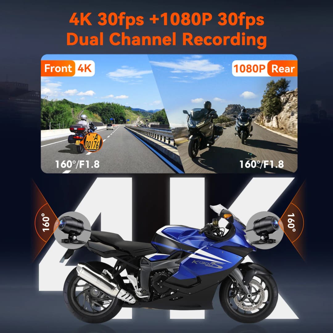 Vantrue F1 كاميرا دراجة نارية بدقة 4K، كاميرا أمامية وخلفية، GPS، مقاومة للماء، واي فاي، زاوية واسعة 160 درجة، وضع وقوف السيارات 24 ساعة، وحدة تحكم سلكية - 2