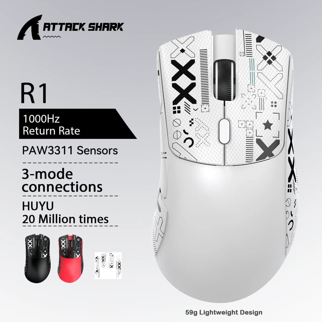 ماوس الألعاب اللاسلكي Attack Shark R1 X11، 18K DPI PAW3311، ثلاثي الوضع بلوتوث/2.4GHz/سلكي، خفيف الوزن، ماوس ألعاب ماكرو