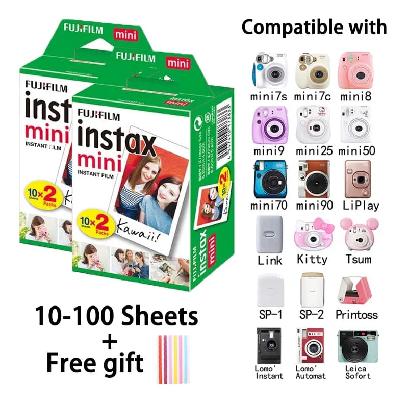 فيلم Fujifilm Instax Mini بلون حافة بيضاء، 10/100 ورقة، لكاميرا FUJI الفورية Mini 11 وMini 9 و8 و7s و70 + ملصقات مجانية - 2