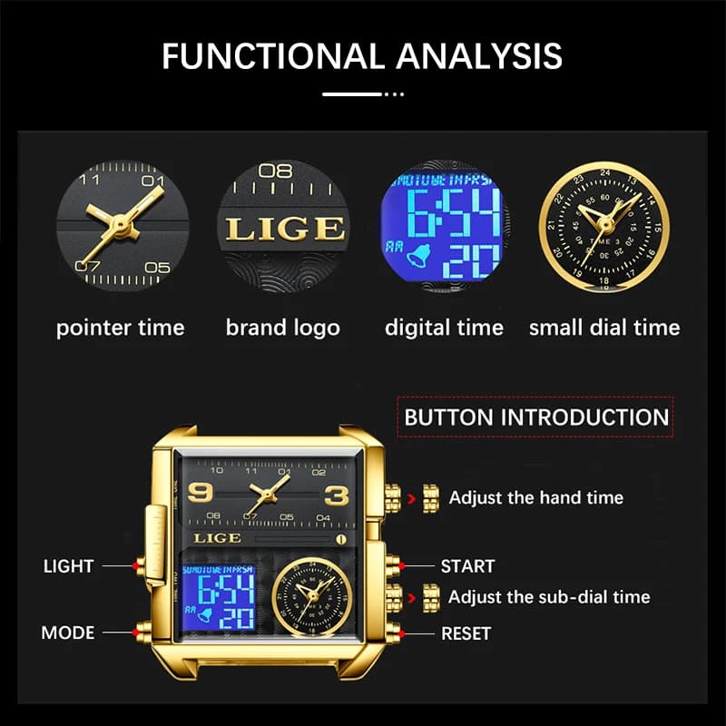 LIGE New Top Brand Luxury Fashion Men Watches Gold Steel Sports Square Digital Analog Big Quartz Watch for Man relogio masculino - 2