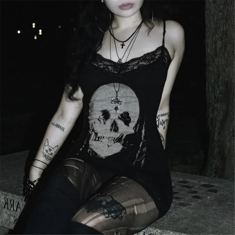 Goth Dark Streetwear Anime Skull Print Straps Mini Dress Fairy Lace Stitch Club Outfits Slim Sexy Bodycon Dresses Mall Gothic - 4
