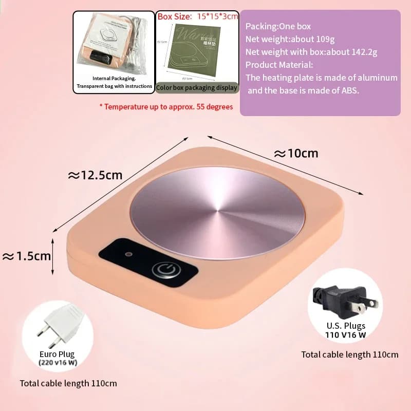 Smart Constant - Temp Cup Warmer, 55℃ Metal Panel, Multi - Mug Compatible, 16W Low - Power, Office/Home Heating Mat US/EU - 5