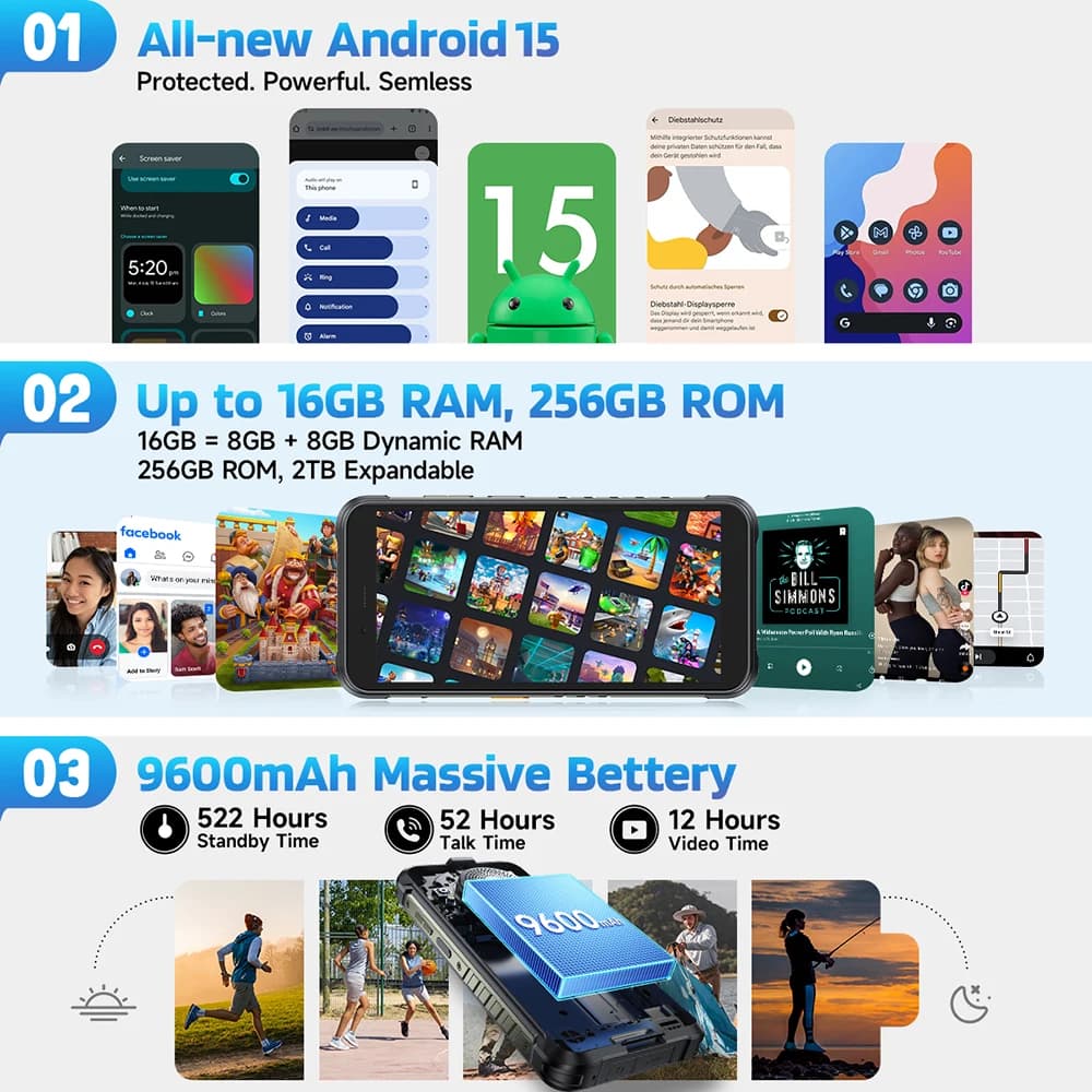 【جديد 2025】 هاتف Ulefone RugKing 4G متين بنظام أندرويد 15 وذاكرة تصل إلى 16 جيجابايت + 256 جيجابايت ومقاوم للماء وبطارية 9600 مللي أمبير وكاميرا 50 ميجابكسل وNFC، نسخة عالمية - 5