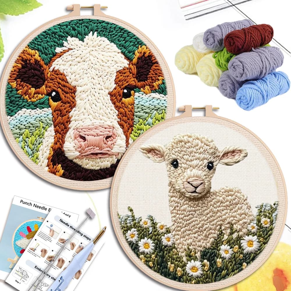 20x20cm Punch Needle Embroidery Starter Kits Cow Pattern for Adults Beginners Punch Needle Kits Easy Handicraft DIY Decor Gift - 2