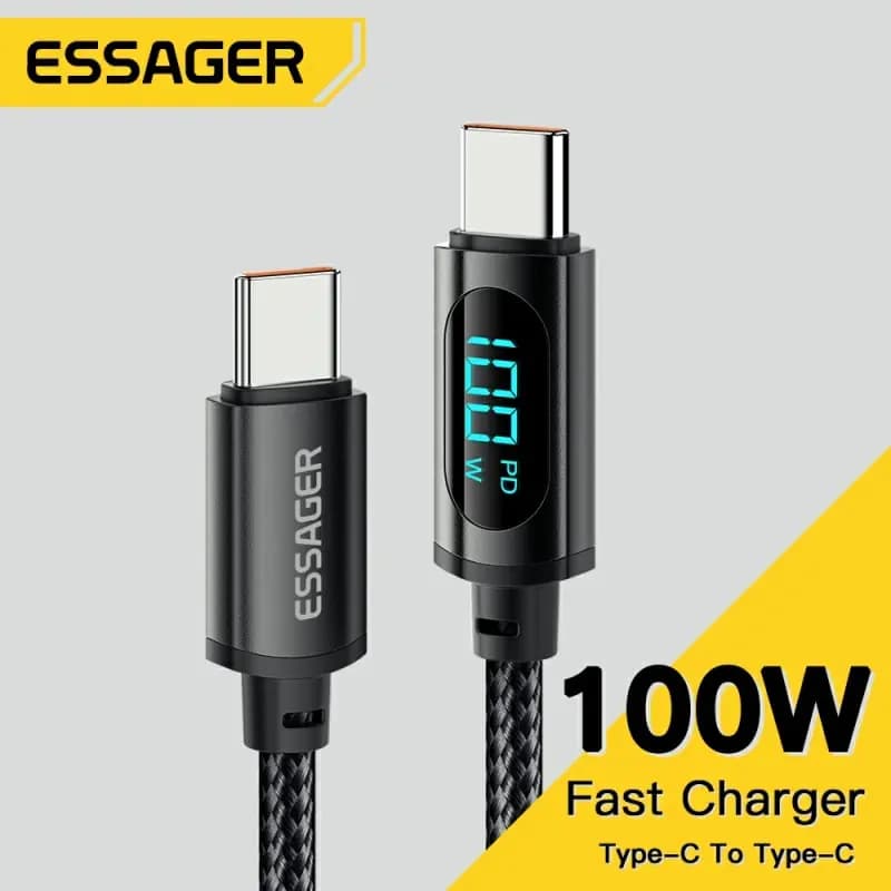 كابل Essager Type C إلى Type C بقوة 100 واط PD شحن سريع كابل عرض USB C إلى USB C لهواتف شاومي POCO F3 ريلمي ماك بوك آيباد
