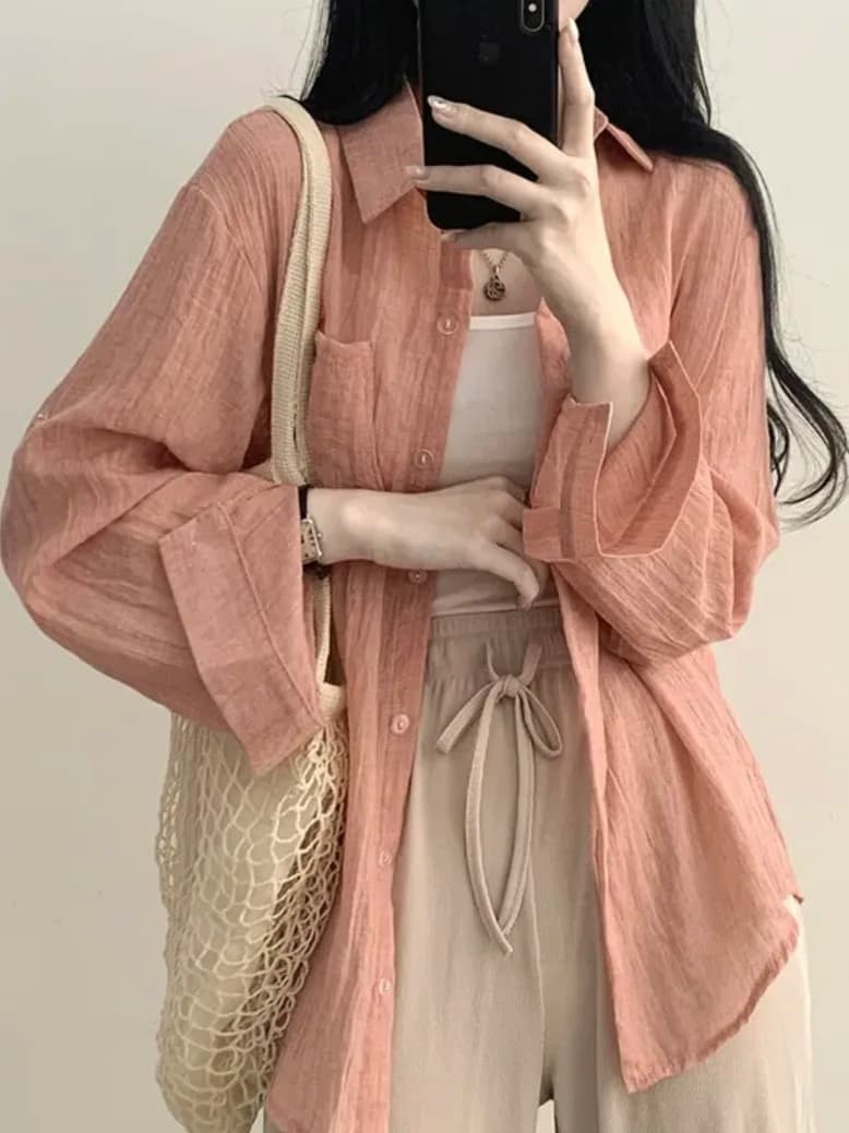 Summer New Ice Cream Color Loose Long Sleeve Women's Shirt Sun Protection Folded Design Commute Style Thin Material Pure Color - 3