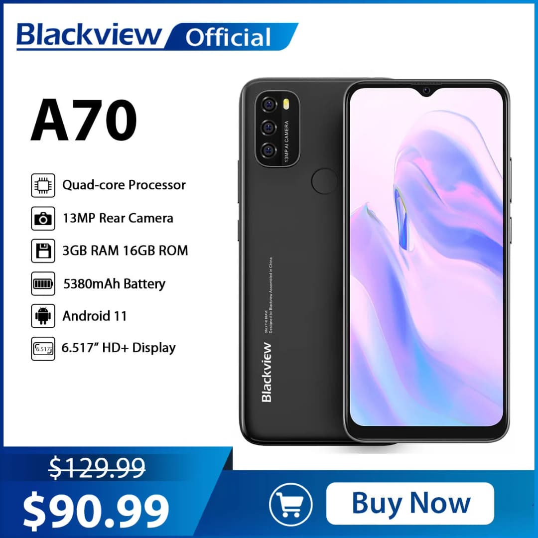 هاتف Blackview A70 بنظام أندرويد 11 وشاشة 6.52 بوصة ومعالج ثماني النواة و3 جيجابايت رام و32 جيجابايت روم وبطارية 5380 مللي أمبير وكاميرا خلفية 13 ميجابكسل و4G