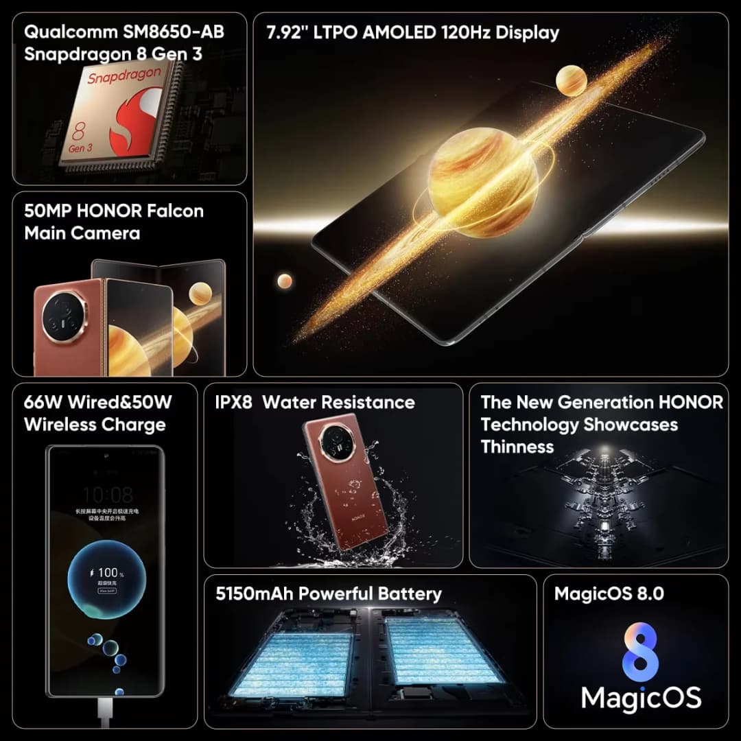 هاتف هونر ماجيك V3 القابل للطي، إصدار عالمي 5G، معالج سنابدراجون 8 الجيل 3، شاشة LTPO OLED مقاس 7.92 بوصة، بطارية 5150 مللي أمبير، شحن فائق السرعة 66 واط - 3