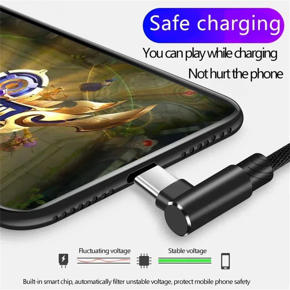 كابل شحن سريع 40W 5A USB إلى Type C، كابل بيانات منسوج، 90 درجة، كابل شحن هاتف لآيفون وXiaomi وريدمي وهواوي - 3