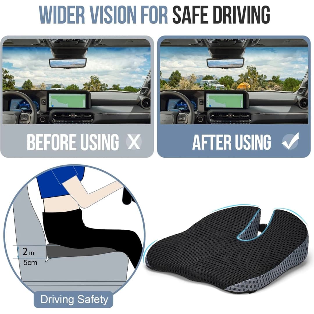 Memory Foam Car Wedge Seat Cushion for Driving, Height Booster & Posture Support, 4D Mesh Seat Pad with Adjustable Straps - 3
