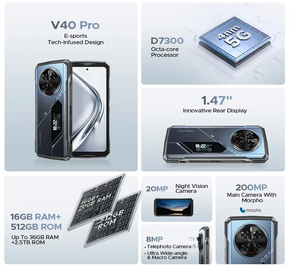 دوغي V40 برو هاتف متين شاشة 6.78 بوصة IPS 36 جيجابايت (16+20) 512 جيجابايت هاتف ذكي 5G كاميرا 200 ميجابكسل بطارية 8680 مللي أمبير معالج دايمنشن 7300 أندرويد 14 - 2