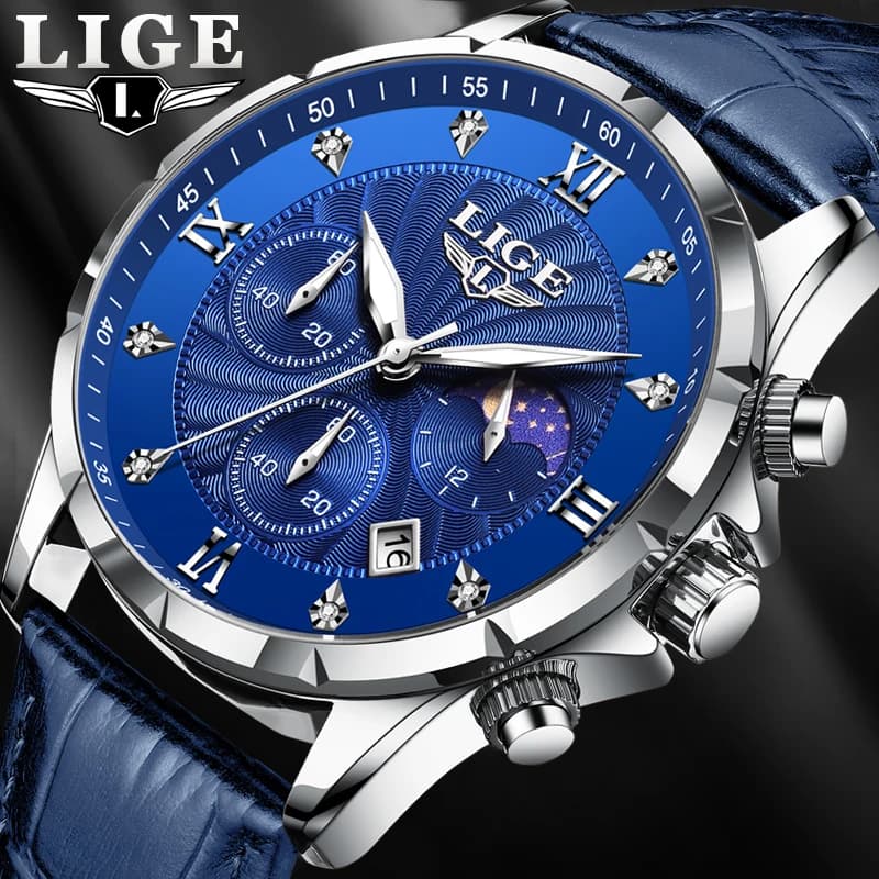 LIGE Blue Leather Watch Men Fashion Business Military Watches For Men Waterproof Sport Men's Quartz Wristwatch Relojes Hombre