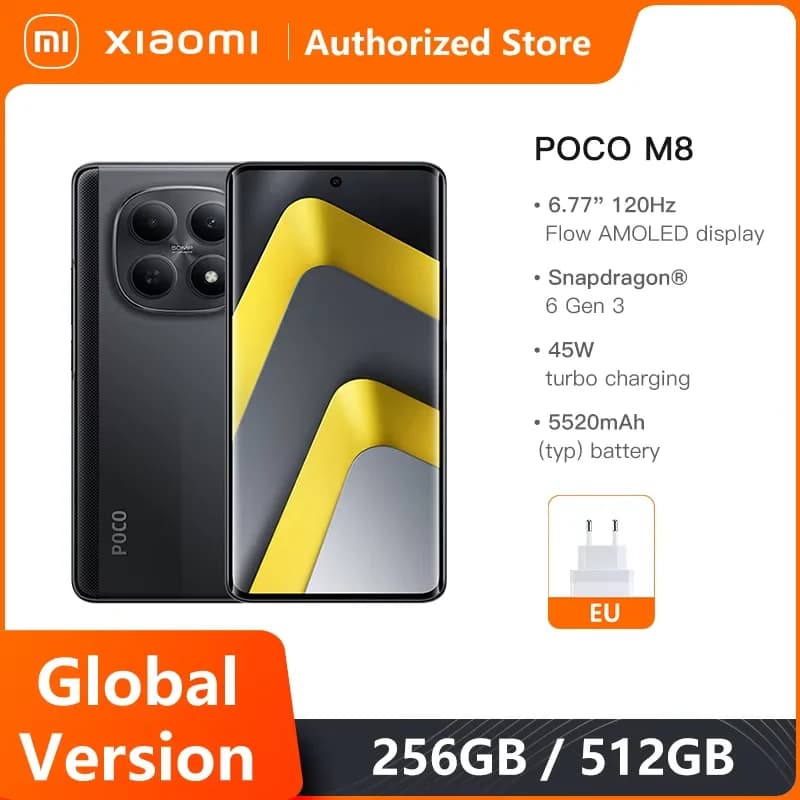 هواتف محمولة POCO M8 5G إصدار عالمي معالج Snapdragon® 6 الجيل 3 شاشة 6.77 بوصة Flow AMOLED بطارية 5520 مللي أمبير شحن 45 واط NFC