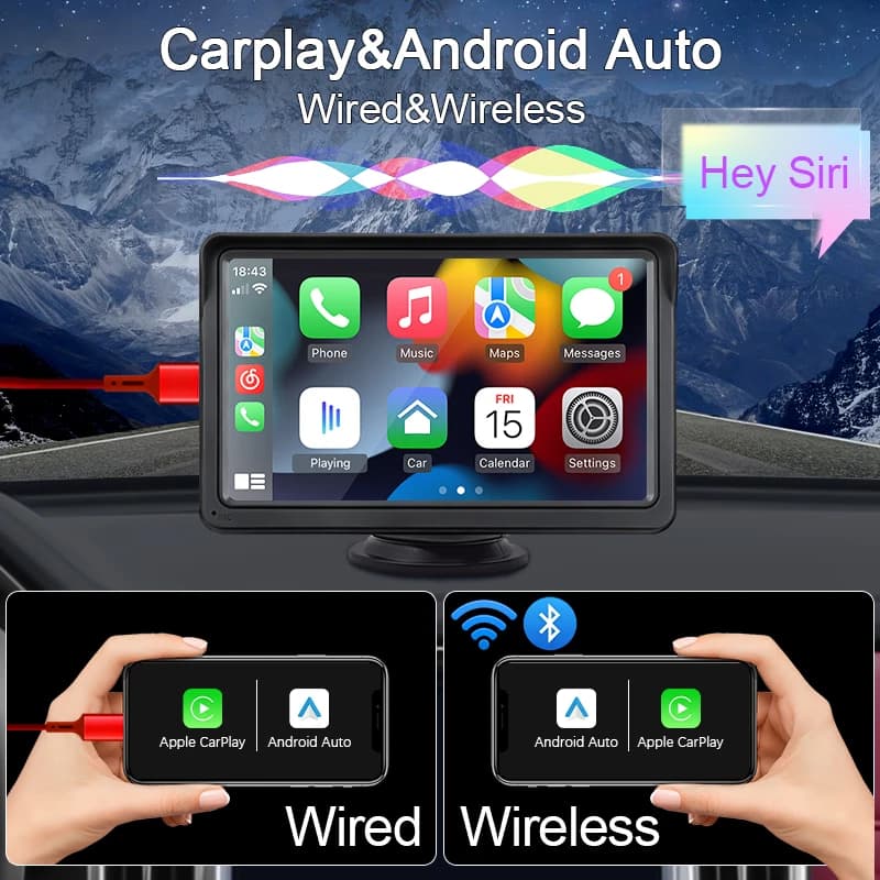 Hippcron 7inch Car Radio Multimedia Video Player Wireless Carplay And Wireless Android Auto Portable Universal Touch Screen - 2