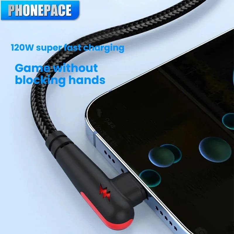 90 درجة الكوع USB نوع C كابل 120 واط شحن سريع شاحن الهاتف سلك البيانات لسامسونج شاومي هواوي شحن سريع USB C كابل - 4